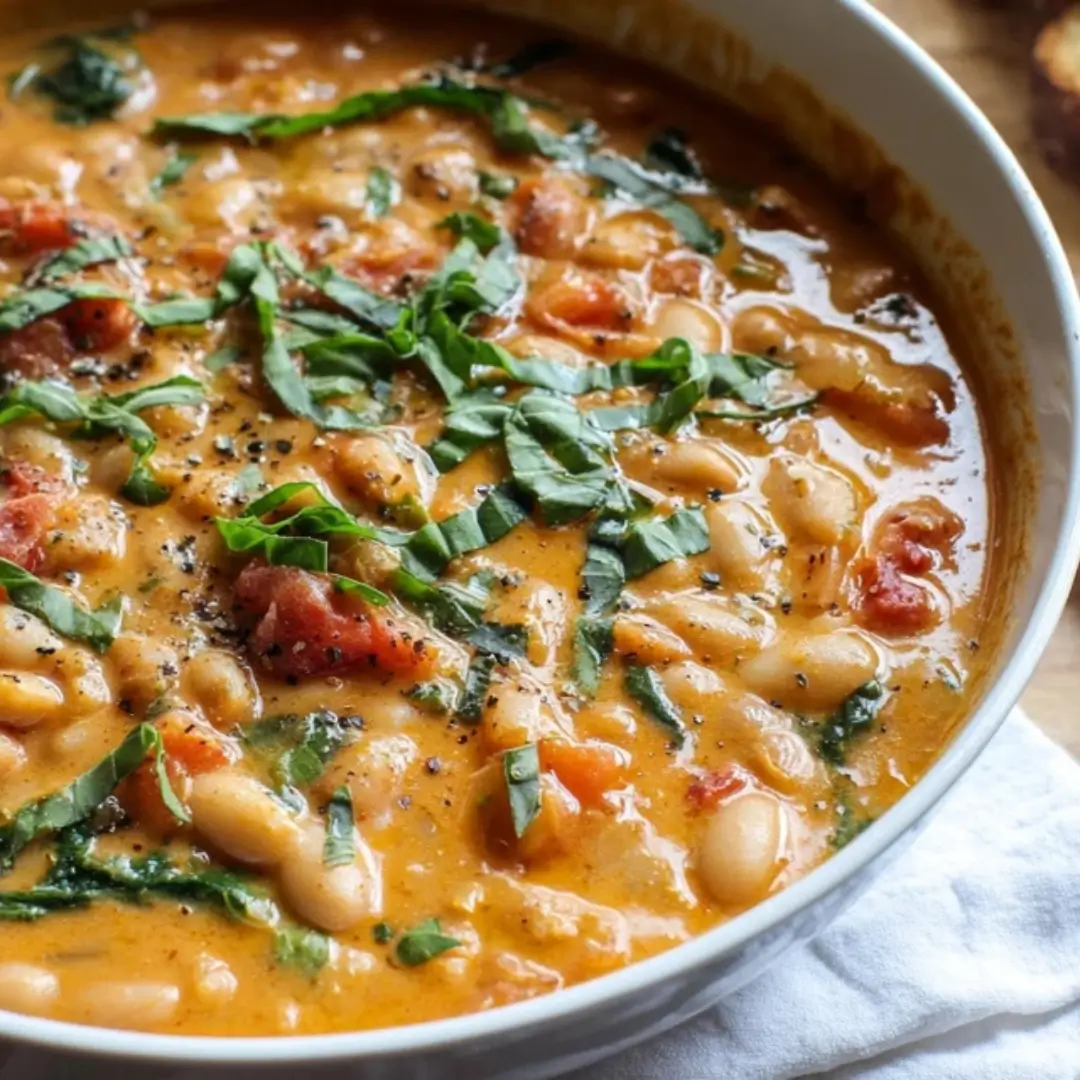 A close-up shot of a white bowl filled with creamy tomato white bean stew, garnished with fresh basil leaves, chopped parsley, and a side of toasted, crusty bread.
