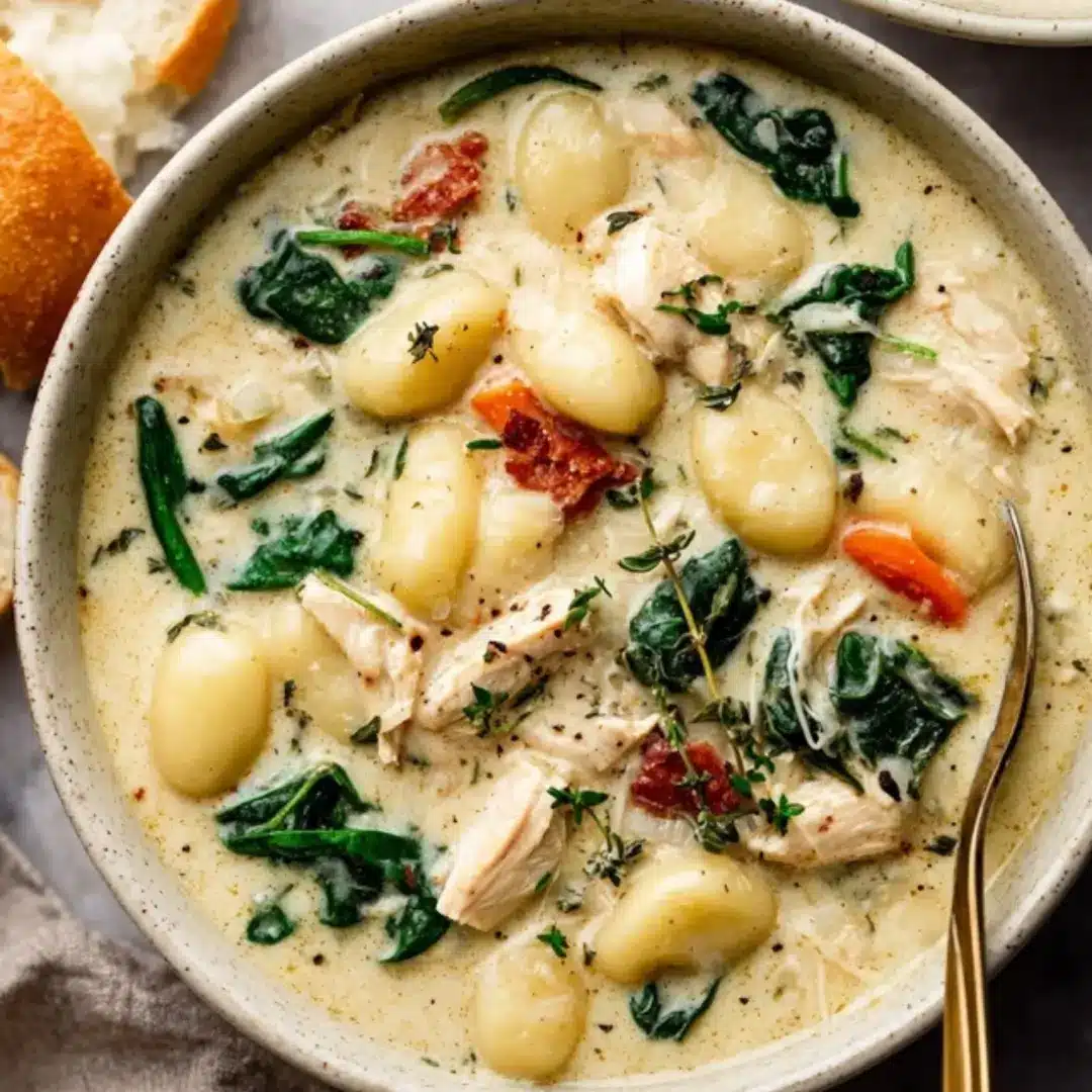 A close-up view of Creamy Tuscan Chicken Gnocchi Soup in a rustic bowl, featuring tender shredded chicken, pillowy potato gnocchi, bright green spinach, and visible bits of sun-dried tomatoes in a thick, rich cream broth.