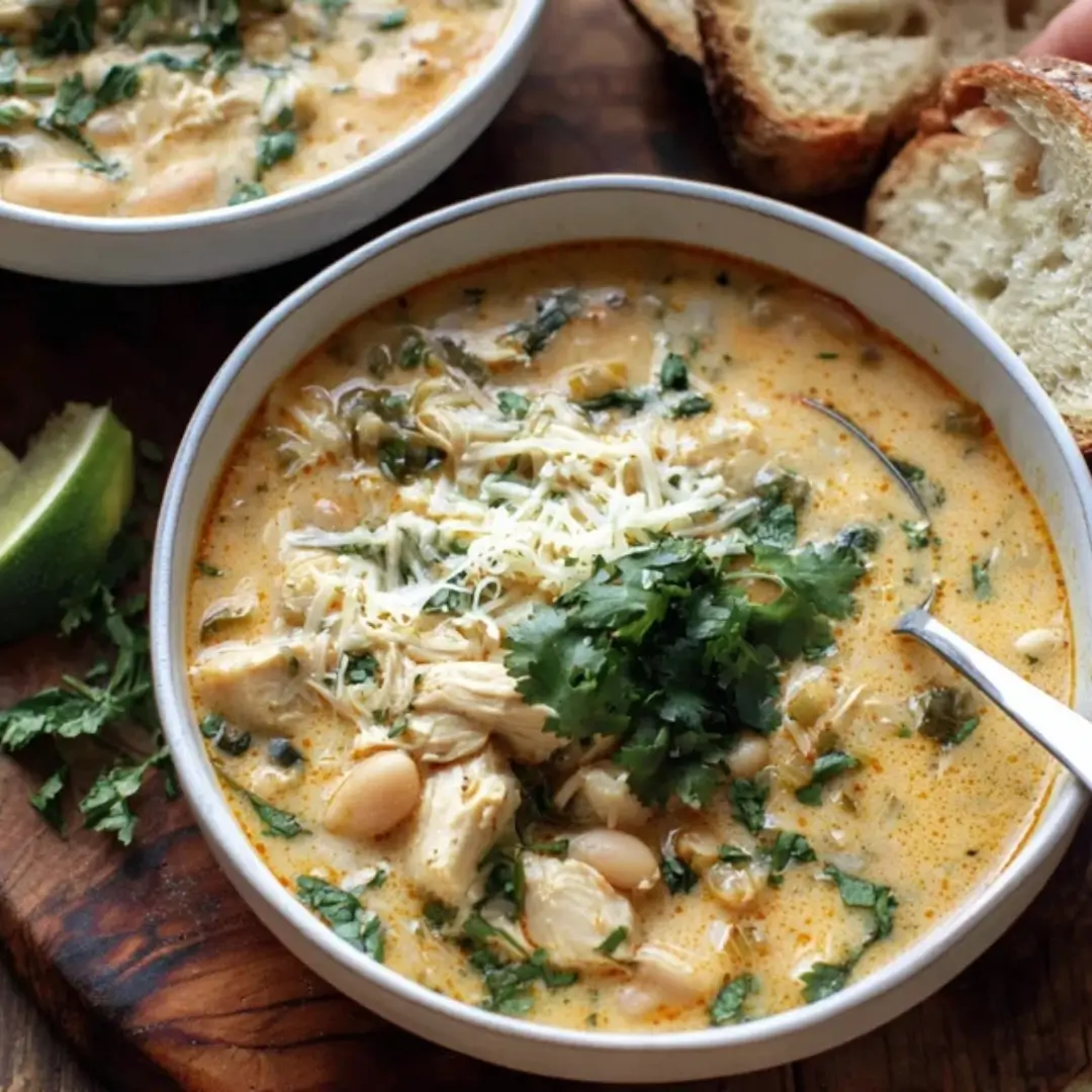 Two white bowls filled with creamy white chicken chili, garnished with shredded cheese, fresh cilantro, and a lime wedge on a wooden cutting board, served with slices of crusty bread.