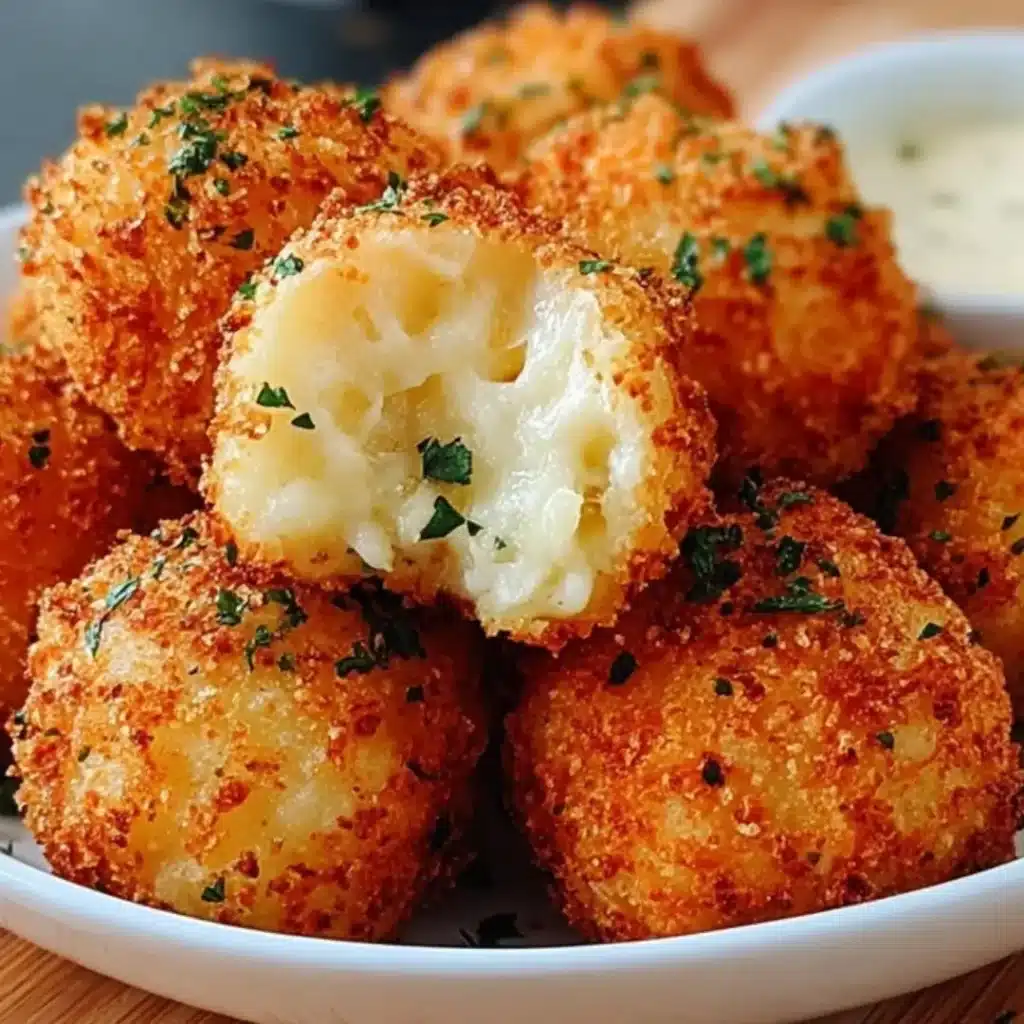 Close-up shot of crispy air fryer mashed potato balls sprinkled with parsley, with one ball broken open to show the gooey, melted mozzarella cheese filling.