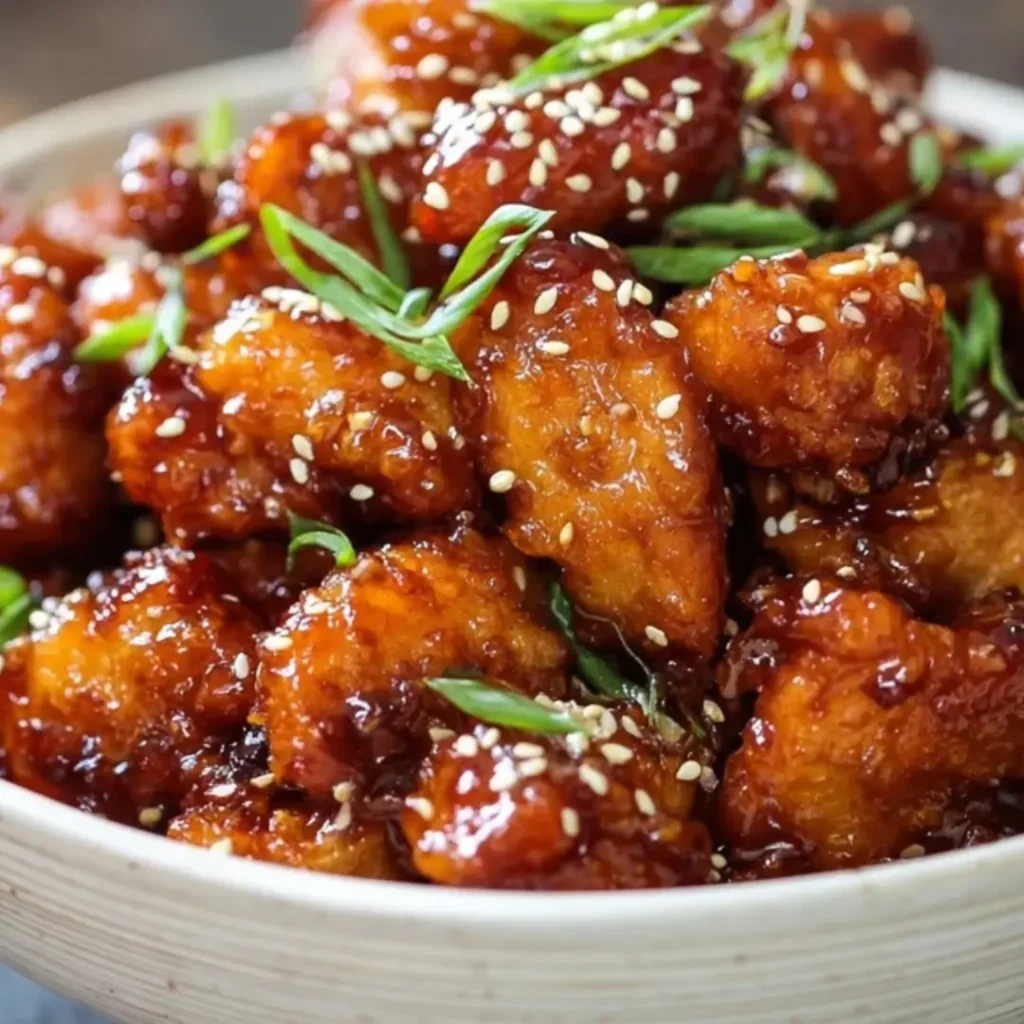 Close-up of crispy, golden-brown chicken pieces coated in a thick, glossy honey garlic sauce and garnished heavily with white sesame seeds and fresh sliced green onions.