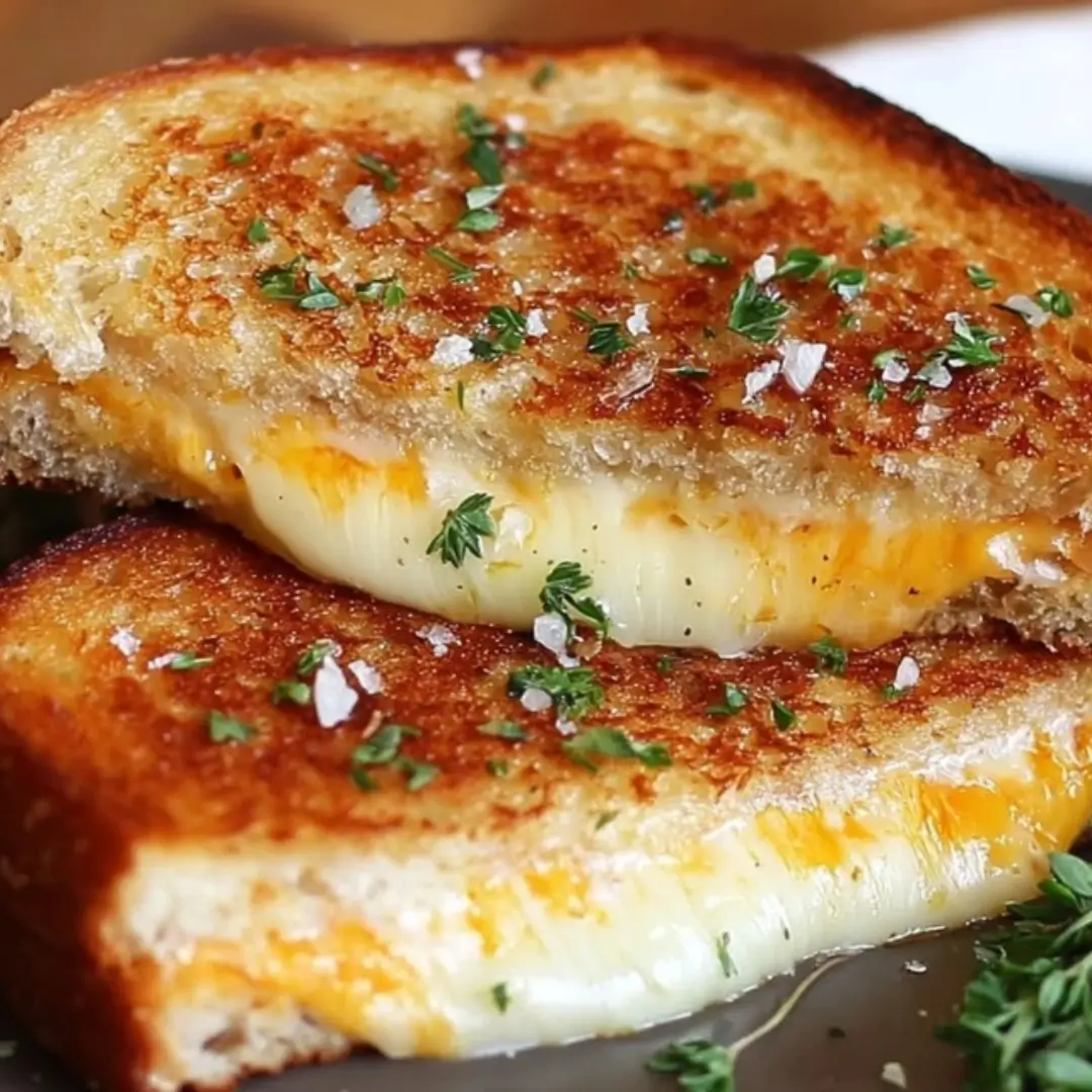 Close-up of a Crispy Garlic Butter Grilled Cheese sandwich, sliced in half, showing the golden-brown crust, melted cheddar and mozzarella cheese pull, and topped with fresh parsley flakes and flaky sea salt.