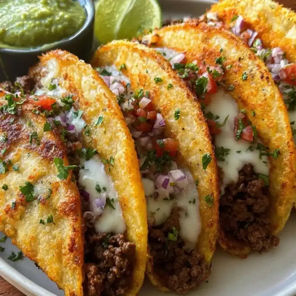 Four golden, crispy corn tortillas stuffed with seasoned ground beef, melted cheese, diced red onion, pico de gallo, and fresh cilantro, served on a gray plate with a side of creamy green avocado sauce and a lime wedge.