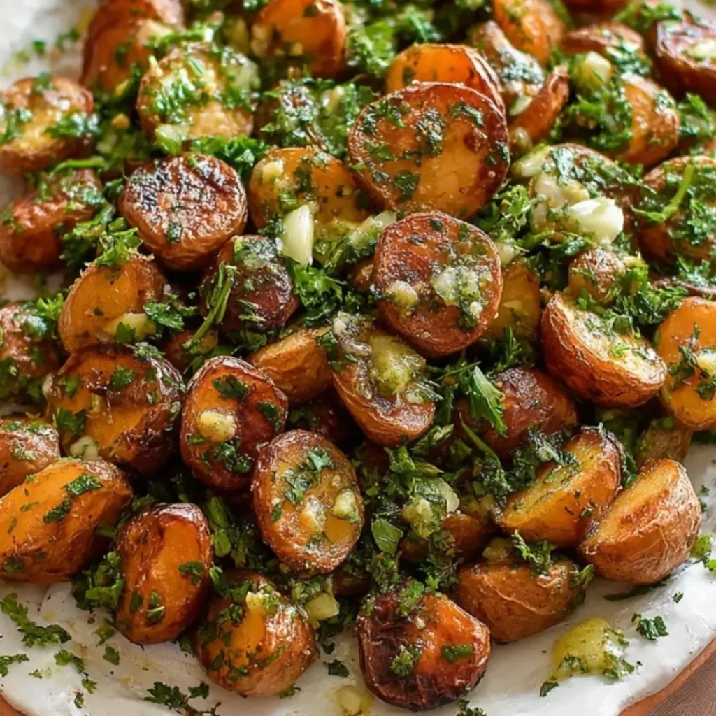 Close-up of golden, crispy roasted baby potatoes tossed in melted garlic butter, fresh parsley, and herbs, served on a white platter.
