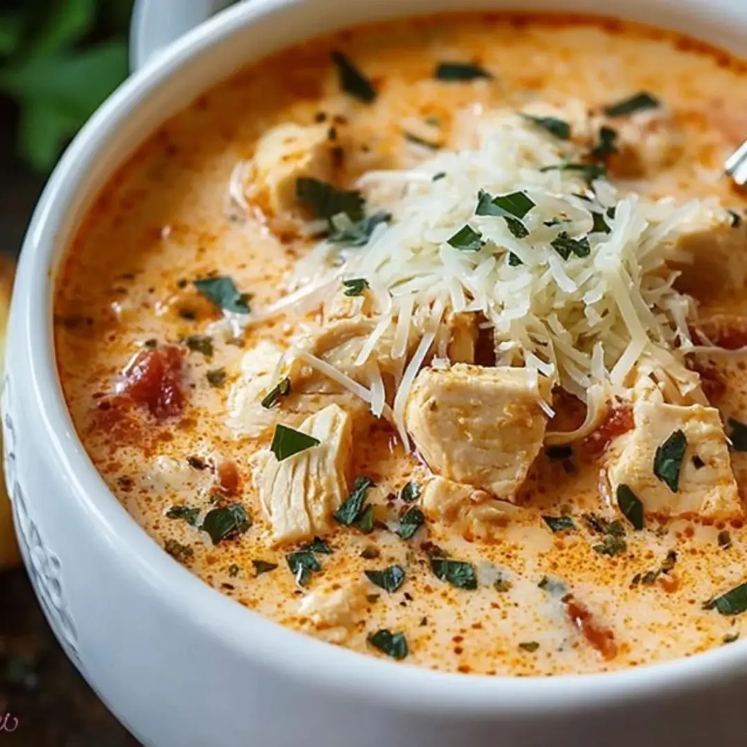 Crock Pot Creamy Chicken Parmesan Soup with shredded mozzarella and fresh parsley garnish