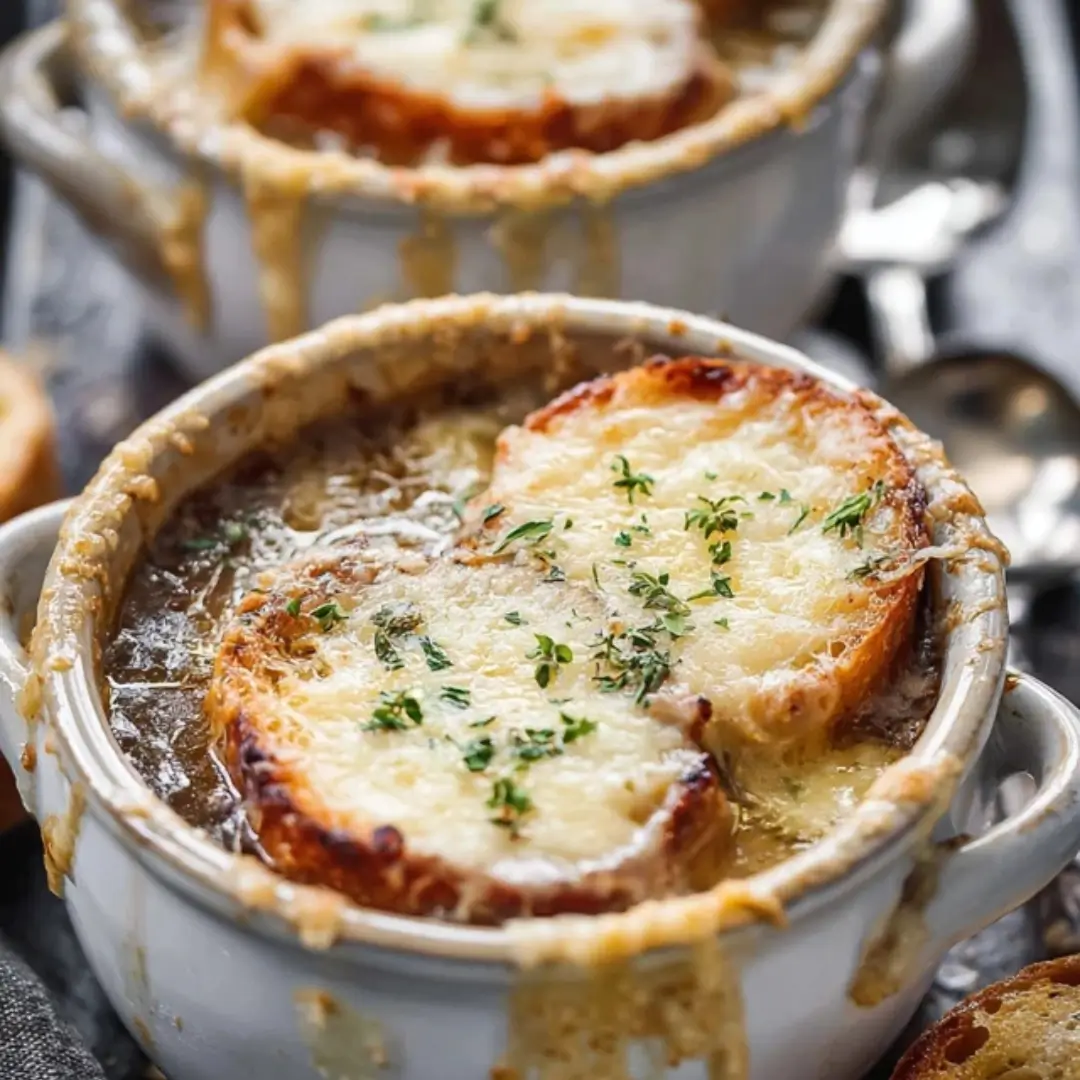 Close-up of a crock of French onion soup topped with a piece of toasted baguette and rich, golden-brown melted Gruyère cheese, garnished with fresh thyme.