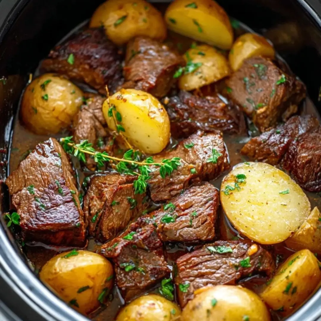 Close-up of tender, cubed beef steak and whole baby potatoes (red and gold) slow-cooked in a rich broth, garnished with fresh, chopped parsley.