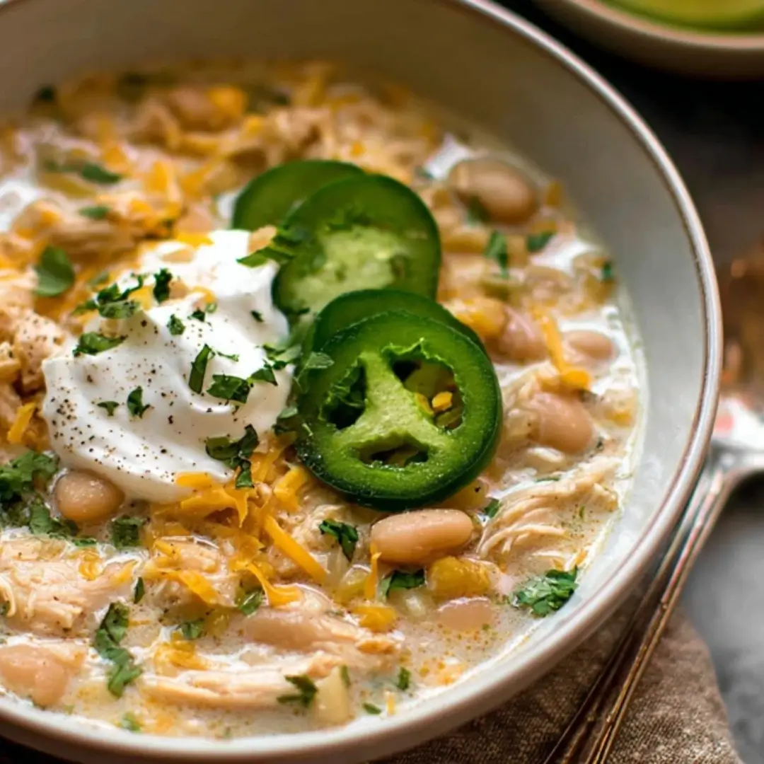 A close-up shot of creamy white chicken chili in a light bowl, topped with shredded cheddar cheese, a dollop of sour cream, sliced green jalapeños, and fresh cilantro.
