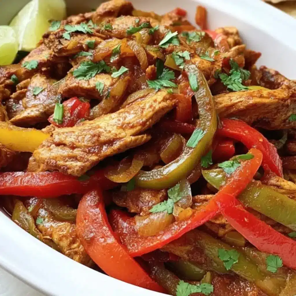 A close-up of tender, shredded chicken fajitas with colorful, sliced red, yellow, and green bell peppers and caramelized onions, garnished with fresh cilantro and lime wedges on the side.