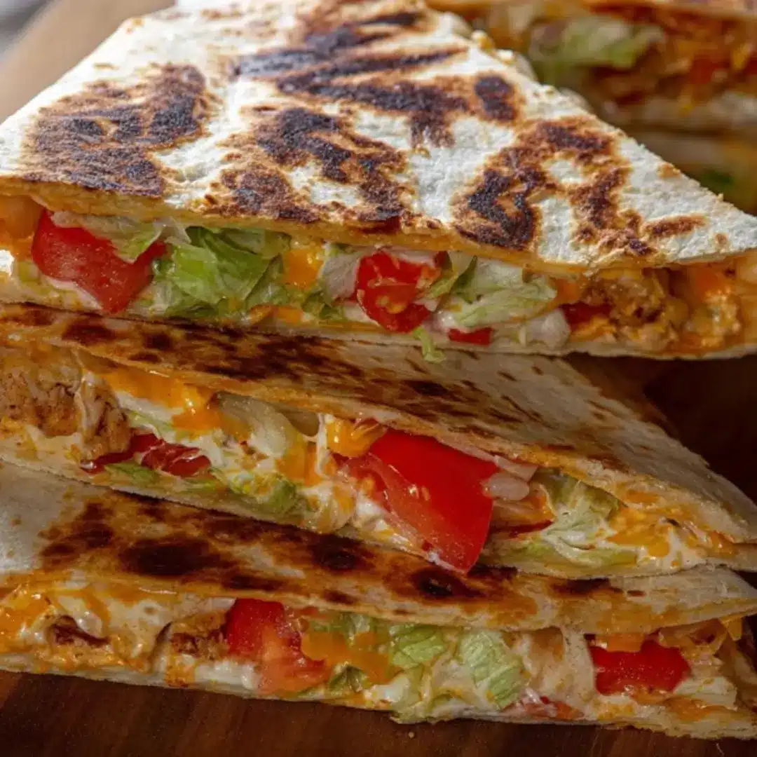 Stacked slices of a homemade Crunch Wrap Supreme showing layers of seasoned chicken, melted cheese, crisp lettuce, and fresh tomatoes.