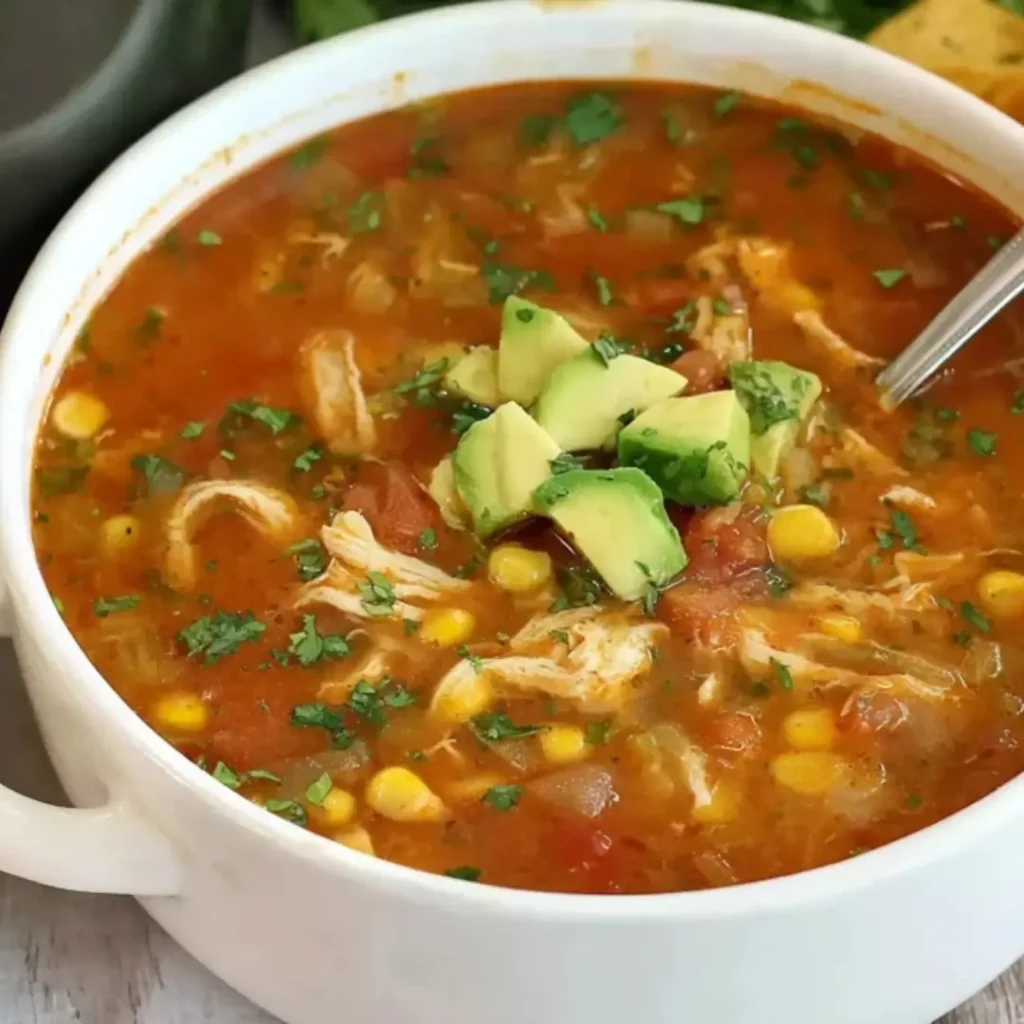 Close-up of a white bowl filled with Easy Chicken Enchilada Soup, garnished with fresh cilantro and cubed avocado.