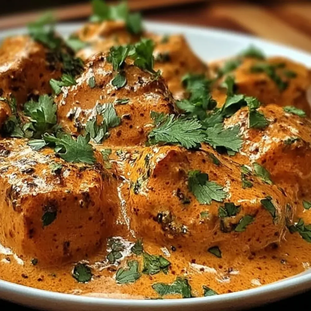Close-up of cubed chicken smothered in a thick, rich orange-colored cowboy butter sauce and garnished with fresh chopped cilantro and parsley.