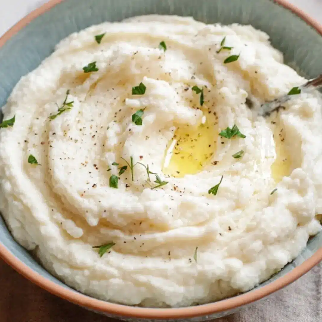 Creamy mashed cauliflower, garnished with black pepper, chopped fresh parsley, and a drizzle of melted butter or olive oil in a blue bowl.