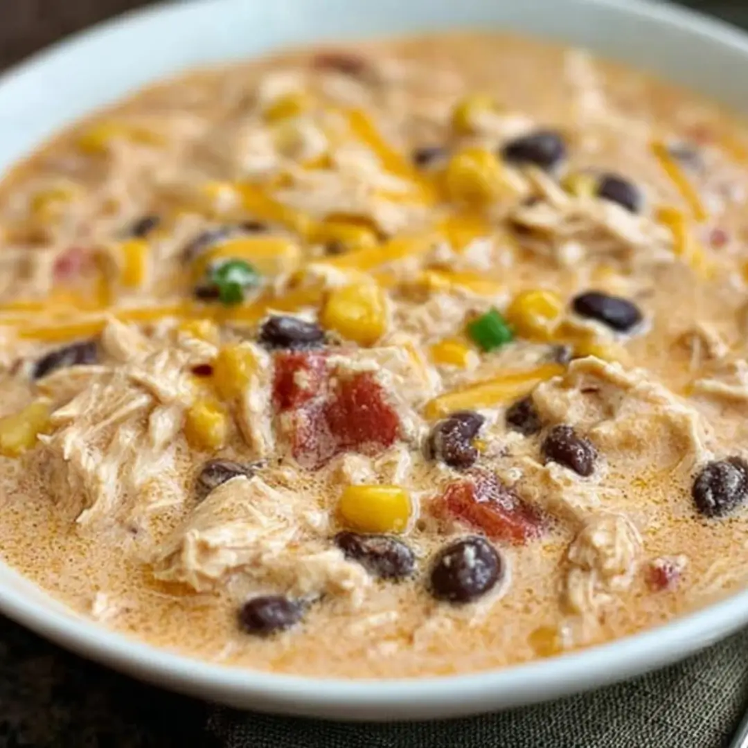 Close-up of creamy, slow-cooked chicken chili in a white bowl, showing shredded chicken, black beans, corn, diced tomatoes, and melted shredded cheddar cheese.