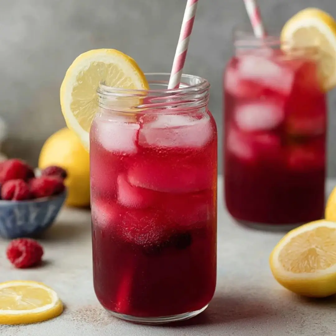 Two mason jars filled with bright pink-red homemade berry lemonade, ice cubes, a striped straw, and garnished with a fresh lemon slice.