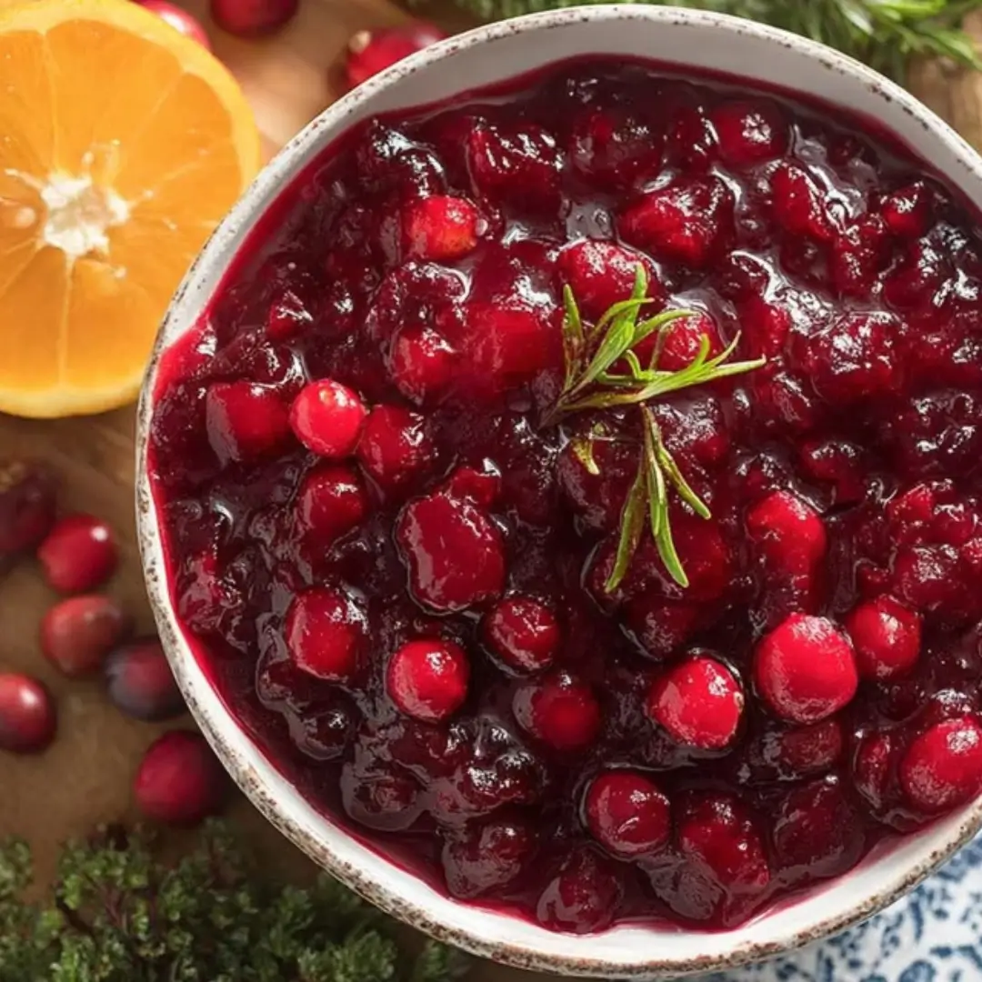 Rich and chunky homemade cranberry sauce in a white bowl, garnished with fresh whole cranberries and a sprig of rosemary, with a slice of orange and more cranberries scattered around it.