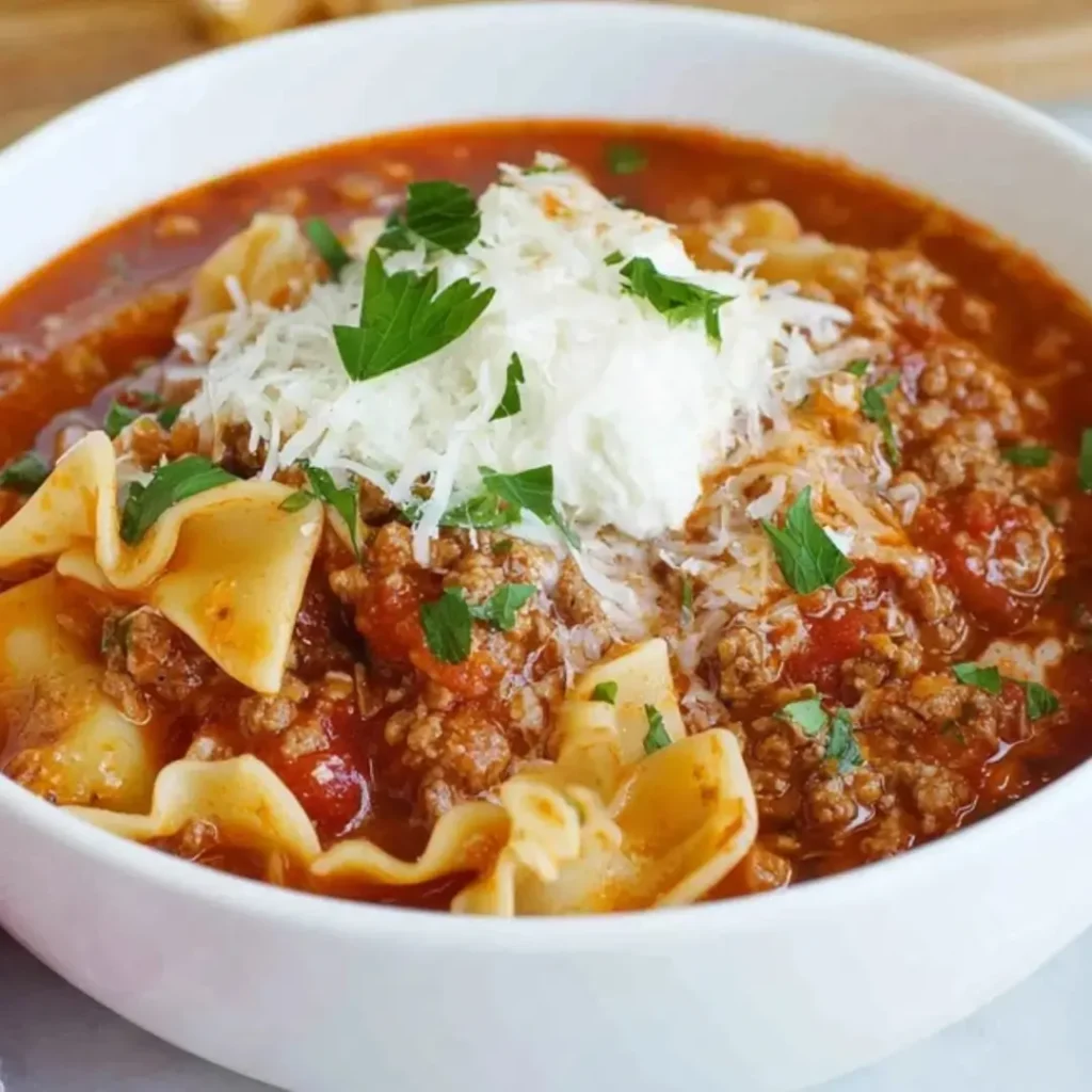 A close-up shot of a bowl of rich, red Lasagna Soup filled with ground meat and tender broken lasagna noodles, topped with a dollop of ricotta cheese, shredded Parmesan, and fresh parsley.
