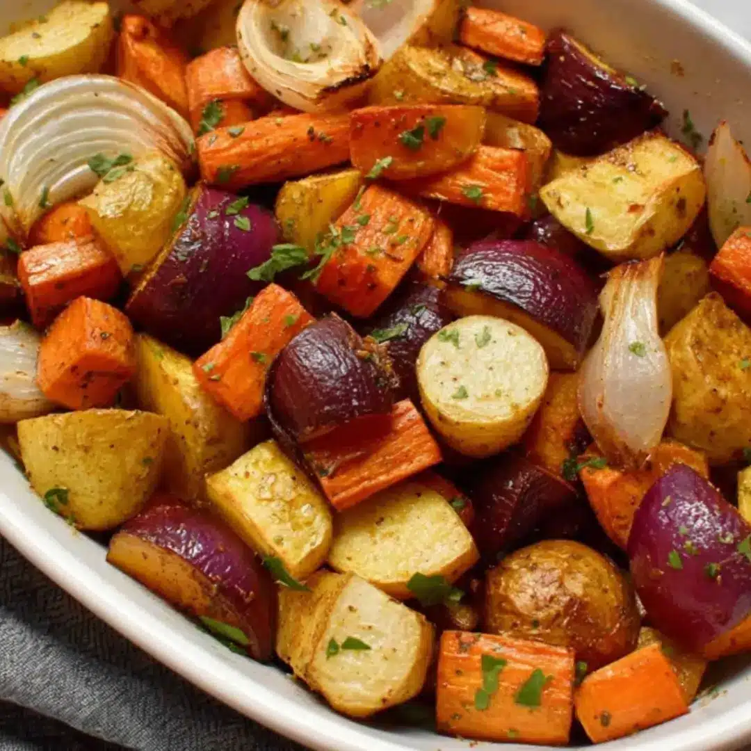 Easy Roasted Root Vegetables with caramelized carrots, parsnips, sweet potatoes, red onion, and beets, garnished with fresh parsley.