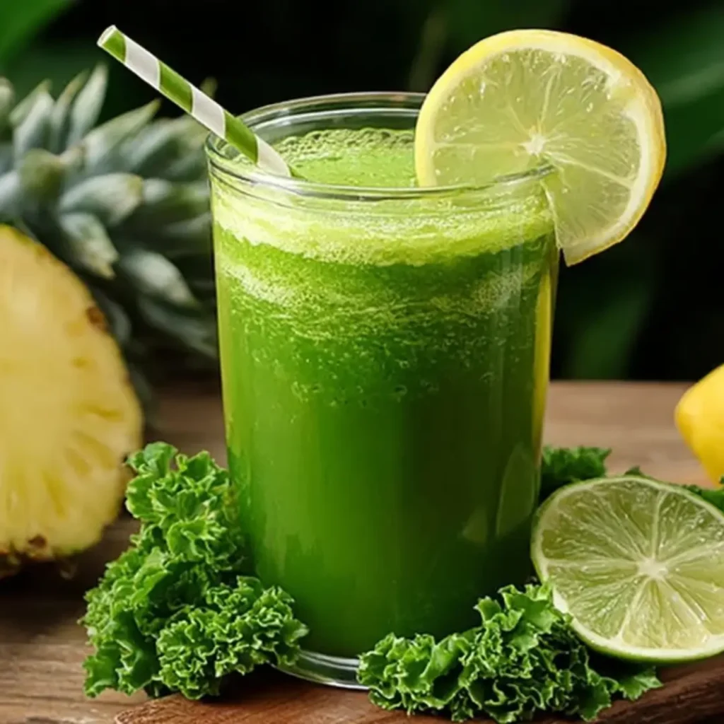 Vibrant green smoothie/juice in a glass, garnished with a lime slice and a striped straw, surrounded by pineapple, kale, and lemon.