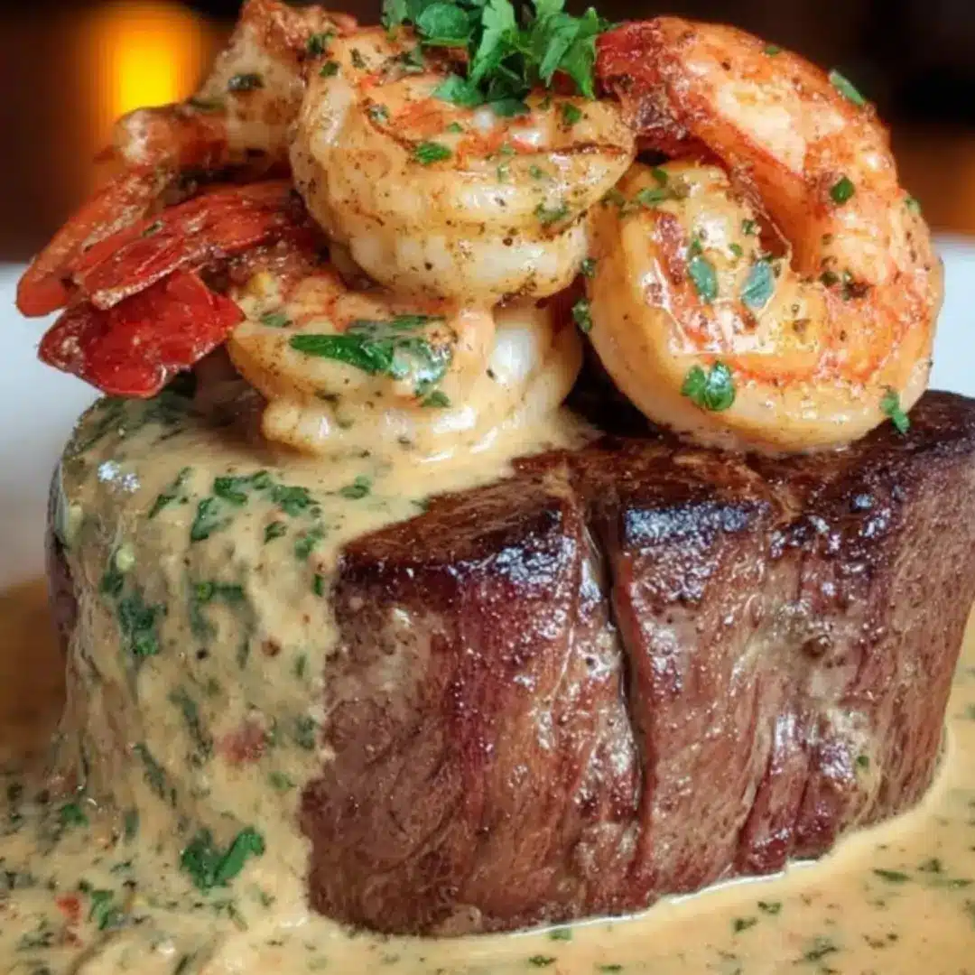 Close-up of a perfectly seared, thick filet mignon steak, generously topped with a creamy, rich shrimp and lobster sauce and garnished with several plump, seasoned shrimp and fresh parsley.