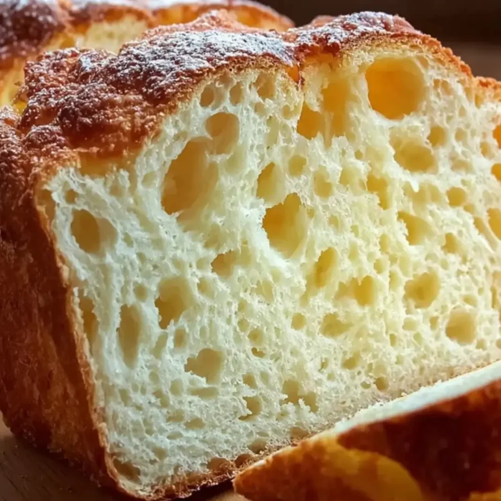 Close-up of a sliced loaf of Fluffy Cottage Cheese Bread showing the incredibly soft, airy, and open crumb structure.
