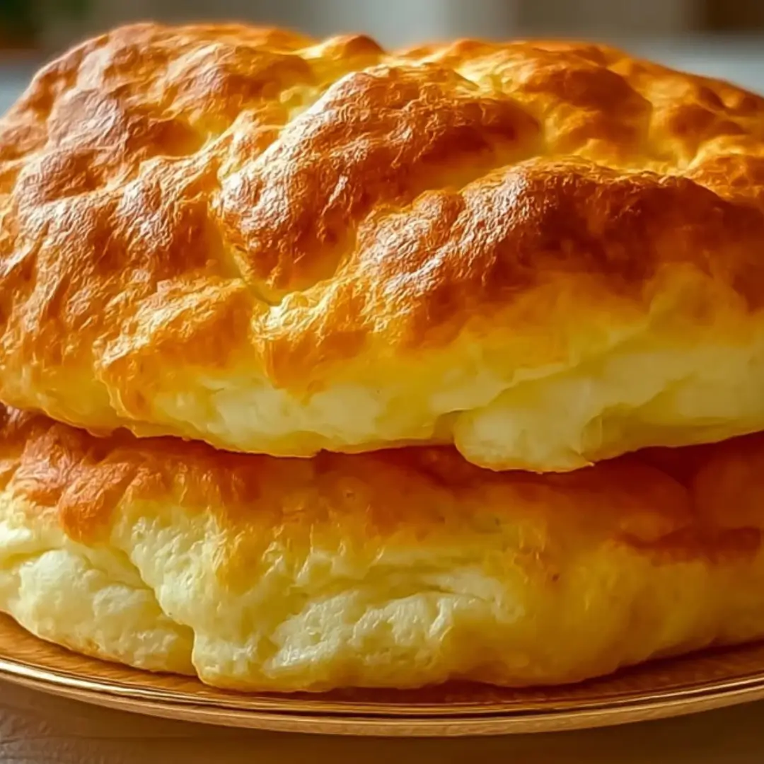 Fluffy Cottage Cheese Cloud Bread, stacked on a gold plate with a golden-brown baked exterior.