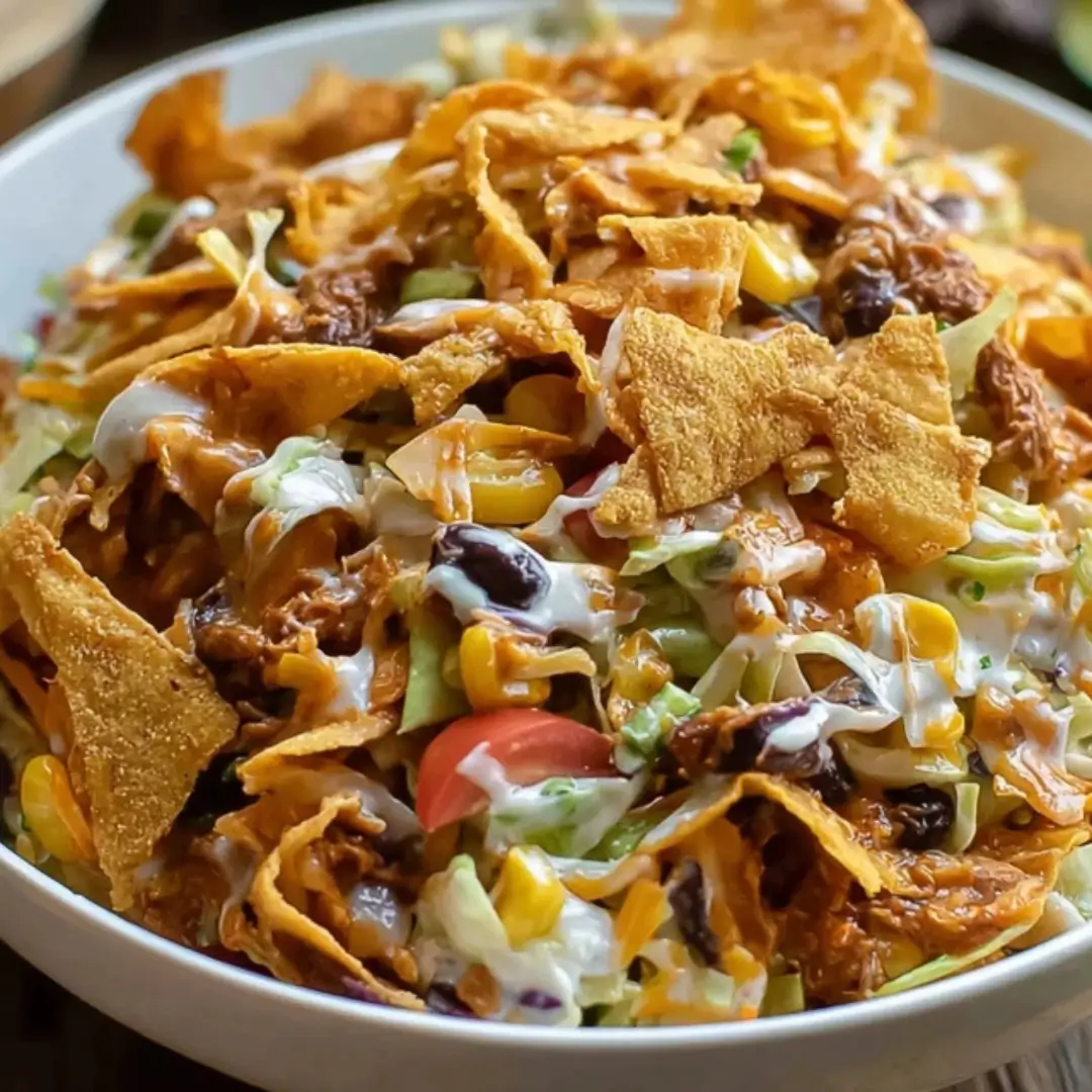 Creamy Frito Cowboy Cabbage with black beans, corn, and chili cheese Fritos on top.