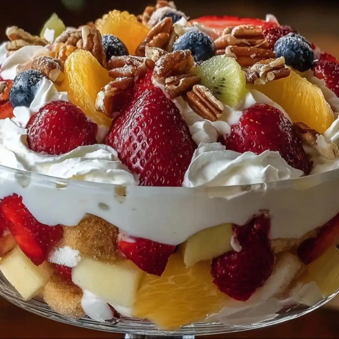 A clear, close-up image of a layered fruit trifle in a glass bowl, showing cubes of cake, fresh slices of strawberries, mango, orange segments, and kiwi, topped with generous swirls of white whipped cream and a garnish of pecans and blueberries.