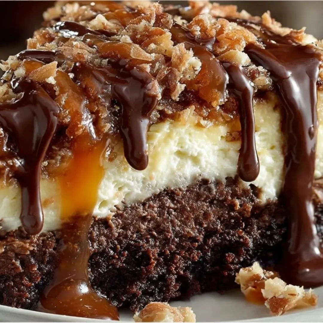 A decadent slice of German Chocolate Cheesecake, featuring a dark chocolate crust, creamy white cheesecake filling, and a thick layer of coconut-pecan topping drizzled heavily with chocolate sauce and caramel.