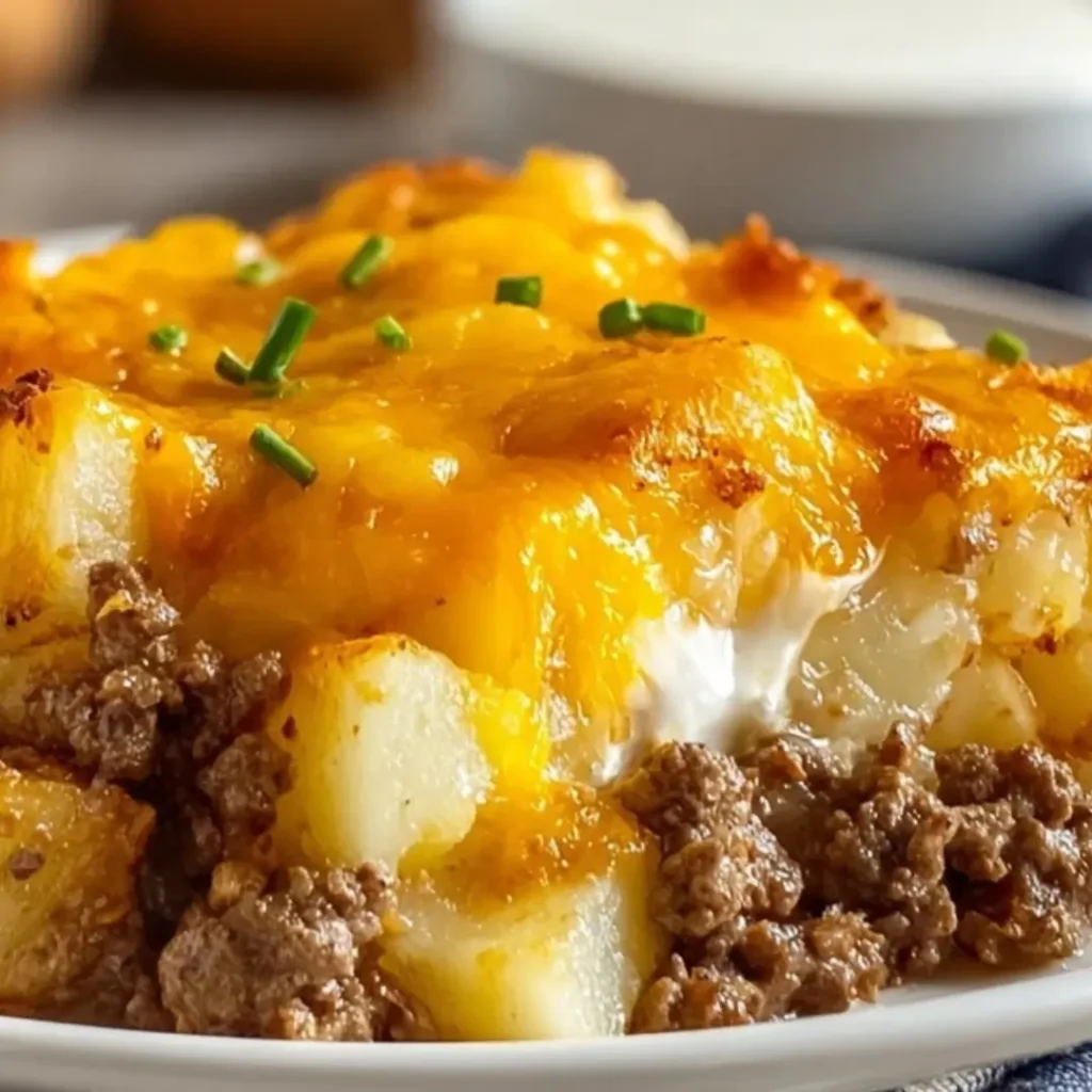 Close-up view of a serving of Ground Beef Potato Casserole with layers of seasoned ground beef, tender sliced potatoes, melted golden cheddar, and a dollop of sour cream, garnished with fresh chives.