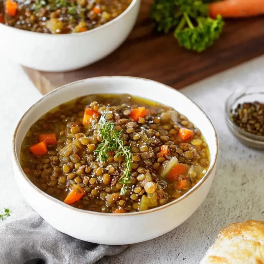 A close-up of a white bowl filled with thick, rich French lentil soup, garnished with diced carrots, fresh thyme, and a drizzle of olive oil. A piece of crusty bread and a small bowl of dry lentils are visible in the background.