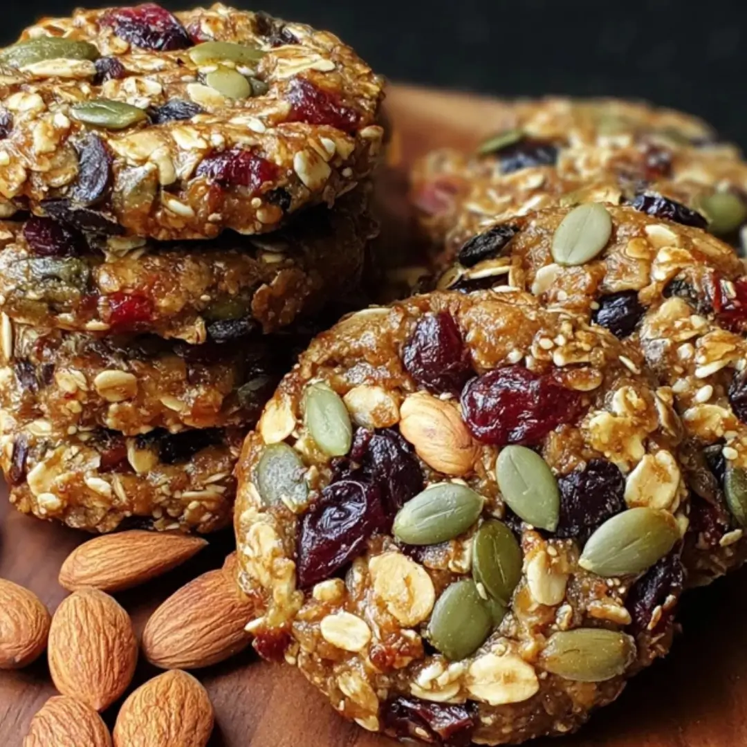 Stack of healthy, round energy cookies filled with visible rolled oats, pumpkin seeds, almonds, and dried cranberries on a wooden board.