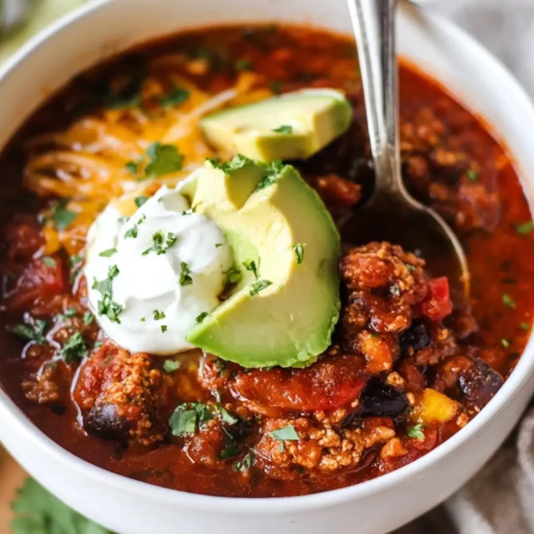 A close-up view of a bowl of thick, healthy turkey chili topped with shredded cheese, a dollop of sour cream or Greek yogurt, fresh cilantro, and slices of avocado.
