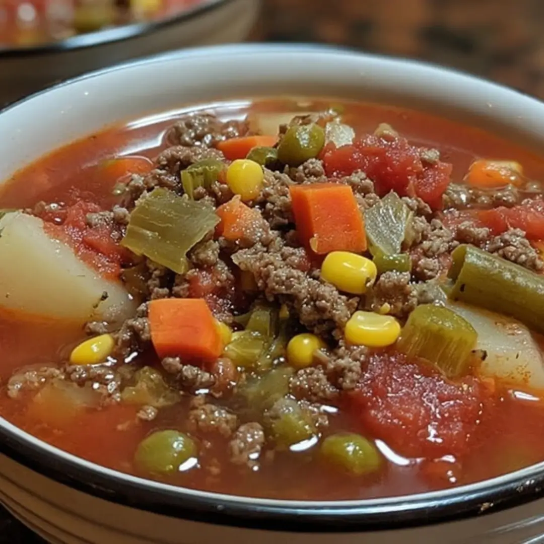 A warm bowl of hearty ground beef and vegetable soup filled with carrots, potatoes, green beans, corn, and tomatoes in a rich broth.