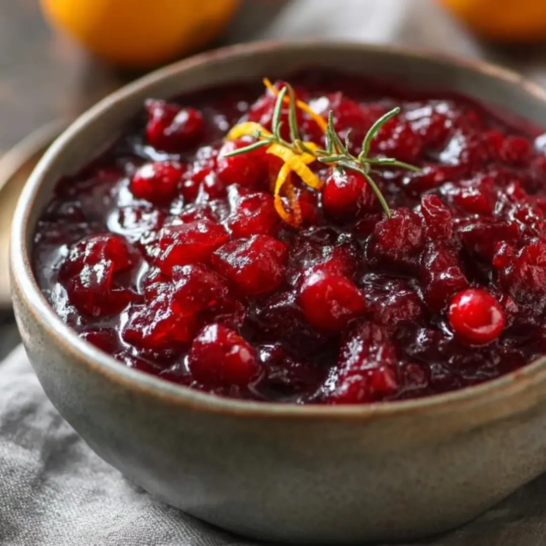 Homemade cranberry sauce with orange zest, rosemary sprig, and whole cranberries in a grey bowl on a cloth napkin.