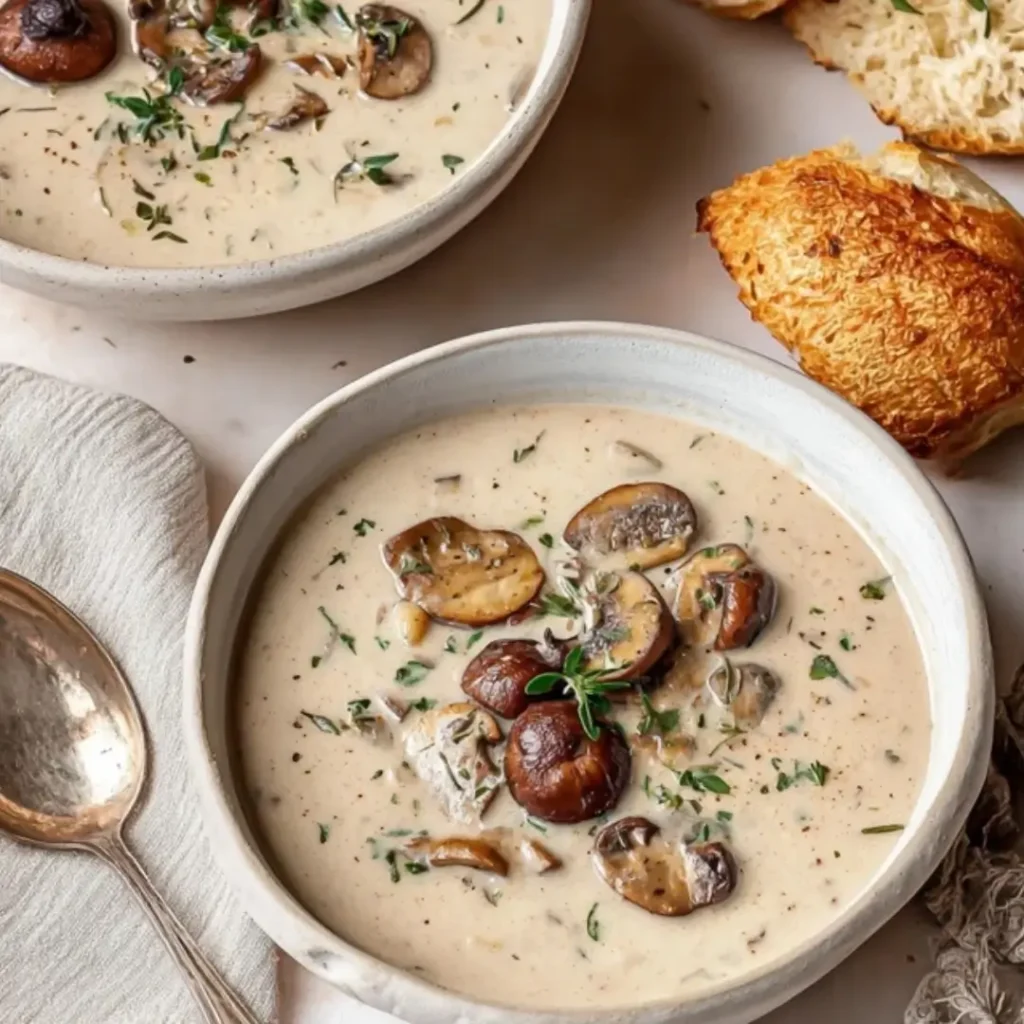 Close-up of two bowls of creamy, homemade mushroom soup topped with sliced sautéed mushrooms, fresh thyme, and parsley. A slice of crusty bread and a silver spoon are visible on the side.