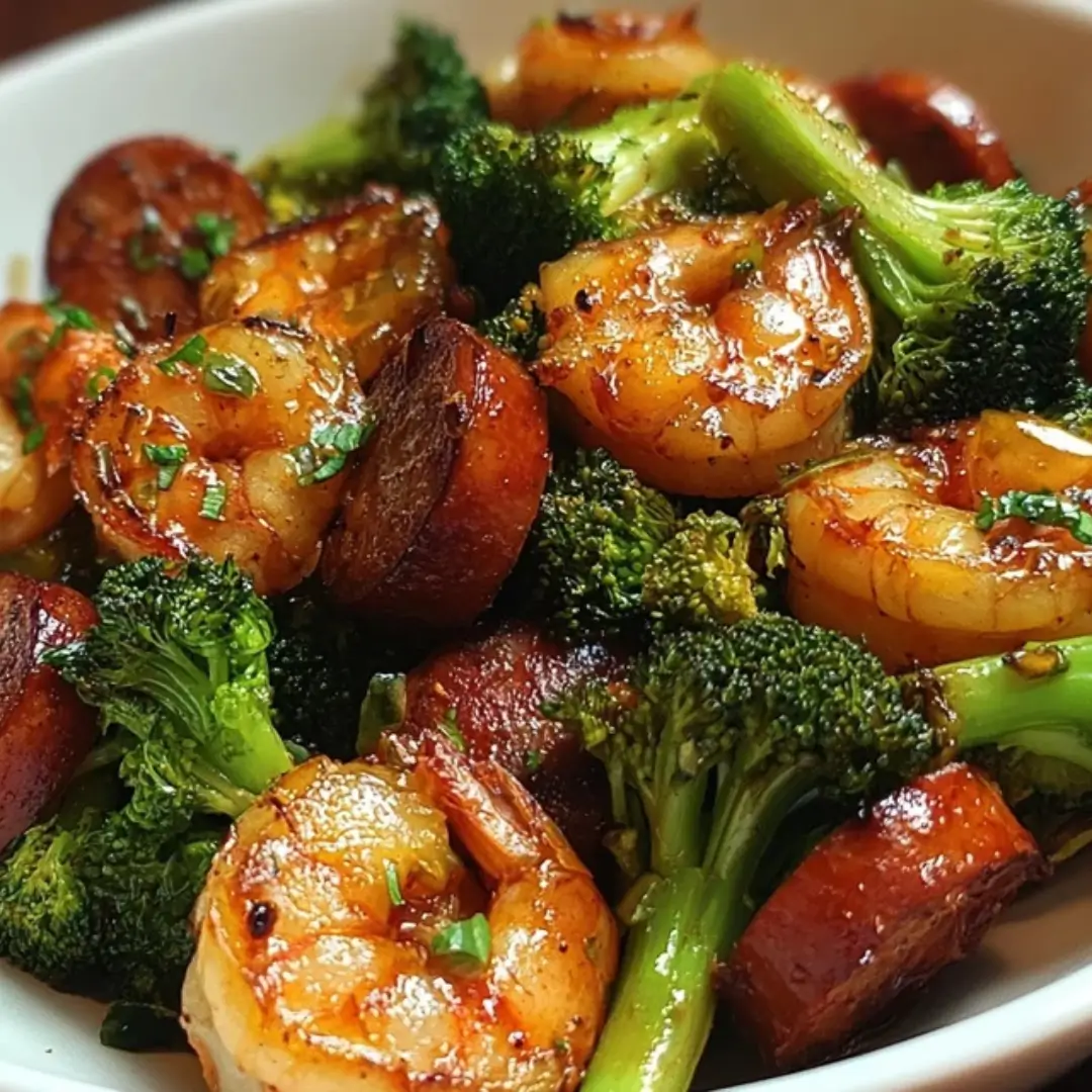 A close-up shot of Honey Garlic Shrimp, sliced Chicken Sausage, and bright green Broccoli florets, all coated in a sticky, golden-brown glaze and garnished with fresh herbs.