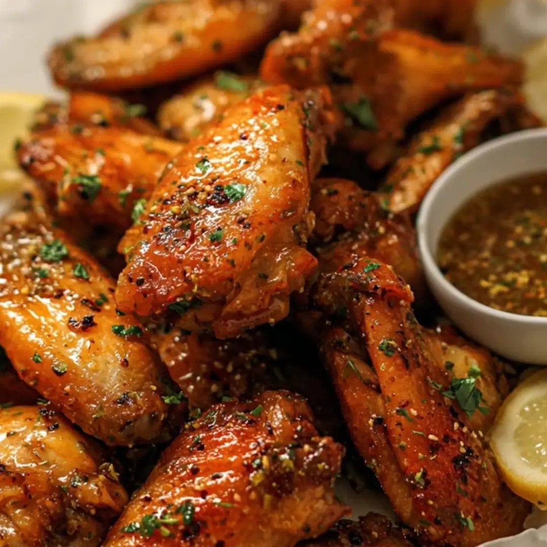 Close-up of glossy, baked Honey Lemon Pepper Wings piled high, garnished with parsley and served with a side bowl of the warm lemon pepper sauce.