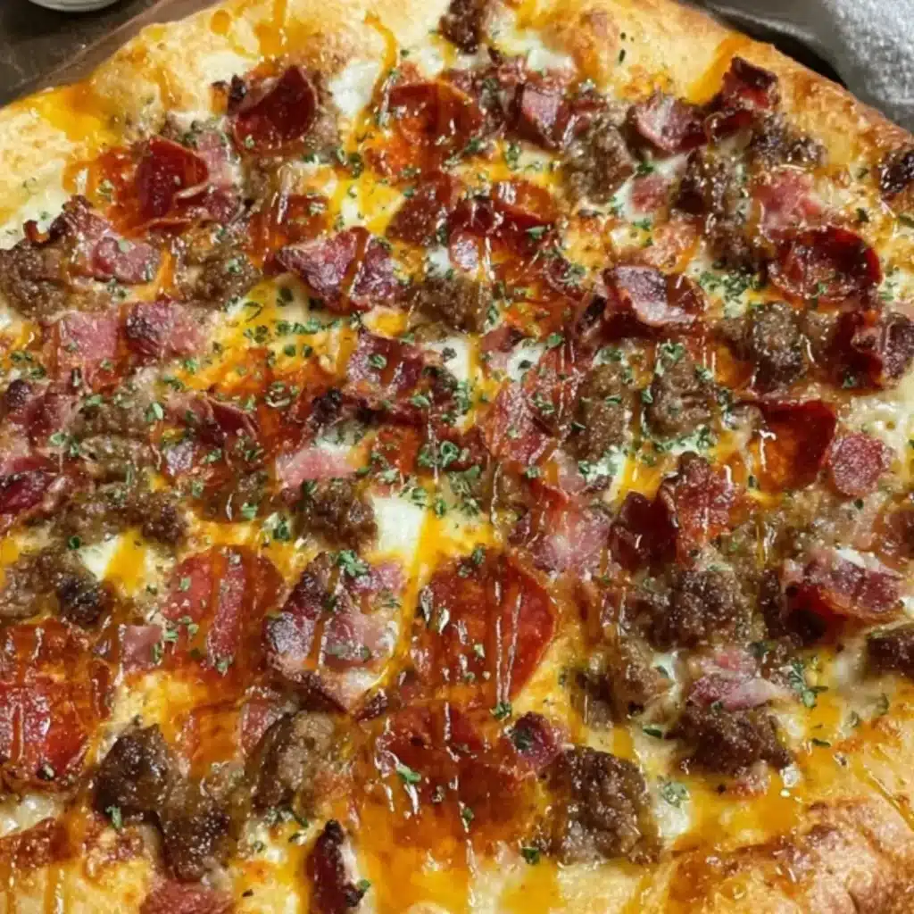 Close-up of a hot honey drizzled pizza generously topped with crumbled sausage, chopped beef bacon, and slices of beef pepperoni on a melted mozzarella cheese base with a golden crust.