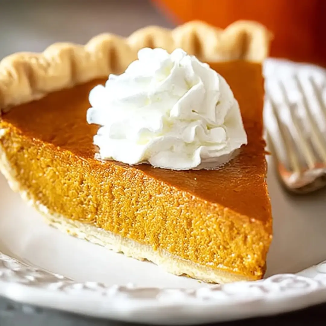A perfect slice of Irresistible Pumpkin Pie with a flaky crust, topped with a large dollop of fresh, white whipped cream, served on a white plate.