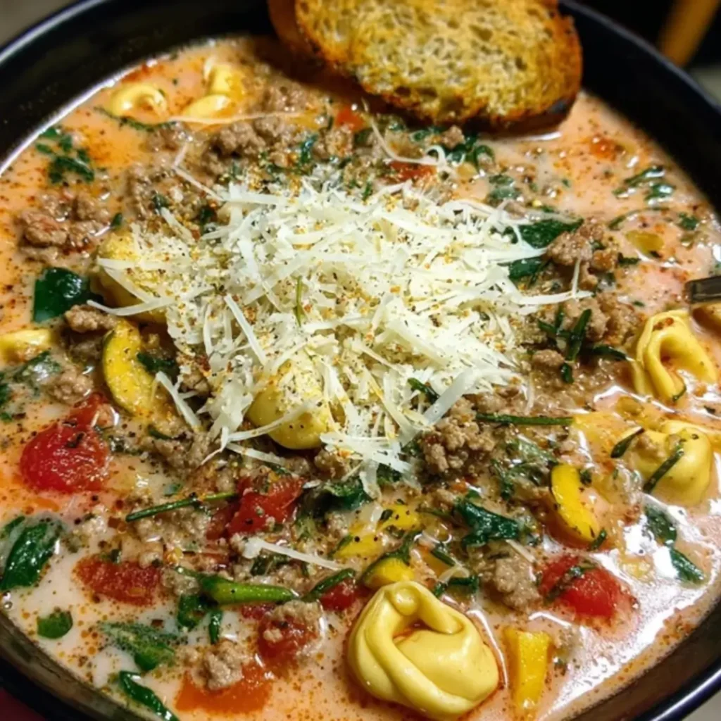 A close-up shot of creamy Italian Sausage Tortellini Soup in a black bowl, garnished with shredded Parmesan, fresh herbs, and a slice of toasted bread on the rim.