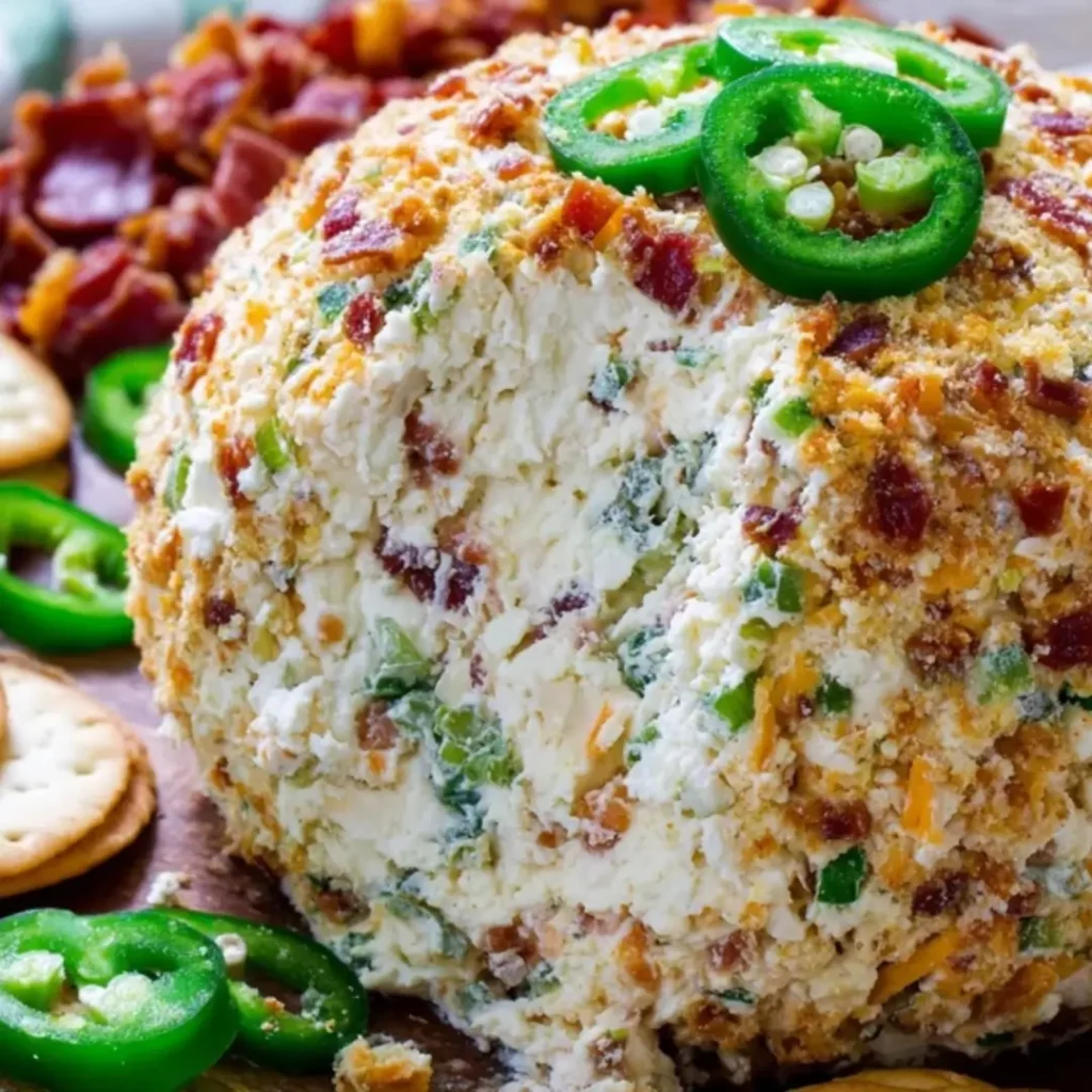Creamy jalapeño popper cheese ball coated in a crunchy bacon-nut mixture, garnished with fresh jalapeño slices and served with crackers.