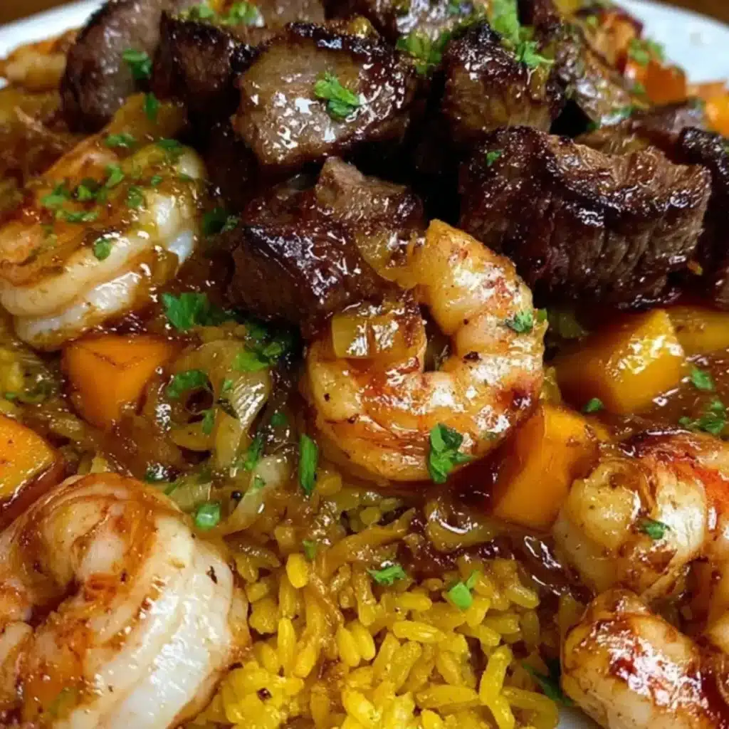 Close-up of Jerk Steak and Shrimp served over bright yellow tropical rice with visible chunks of mango, pineapple, and a drizzle of sauce, garnished with parsley.
