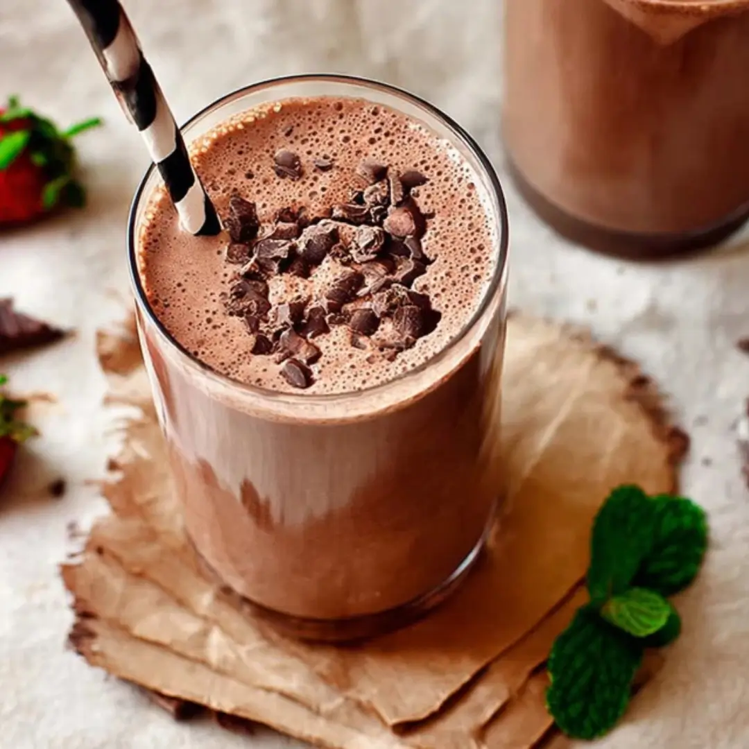 Creamy keto chocolate smoothie topped with chocolate shavings, served in a clear glass with a striped straw on a rustic wooden coaster.