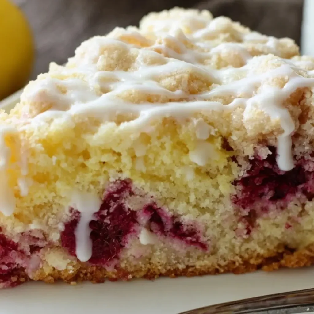 A close-up slice of moist Lemon Raspberry Coffee Cake topped with a lemon glaze and crumb topping, showing the bright yellow cake and pockets of red raspberries.
