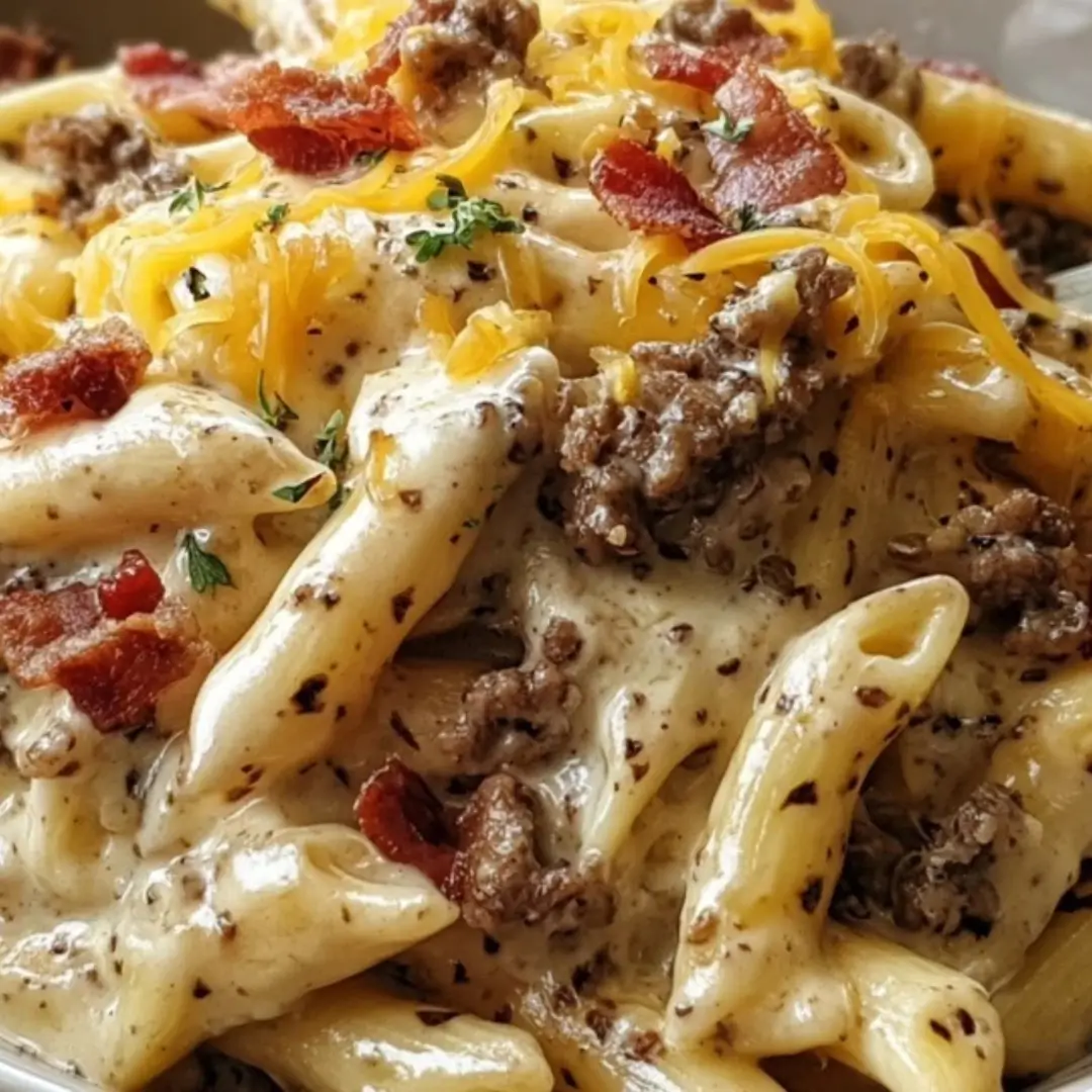 Close-up of penne pasta coated in a creamy, cheesy Alfredo sauce, mixed with ground beef and topped with shredded cheddar cheese and crispy bacon crumbles.