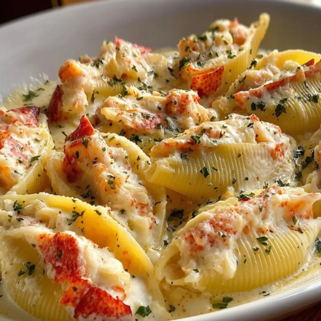 Lobster-Stuffed Shells in Creamy Alfredo Sauce. Close-up photo showing jumbo pasta shells overflowing with rich ricotta and bright red chunks of sweet lobster, swimming in a thick, homemade white Alfredo sauce and garnished with fresh chopped parsley.