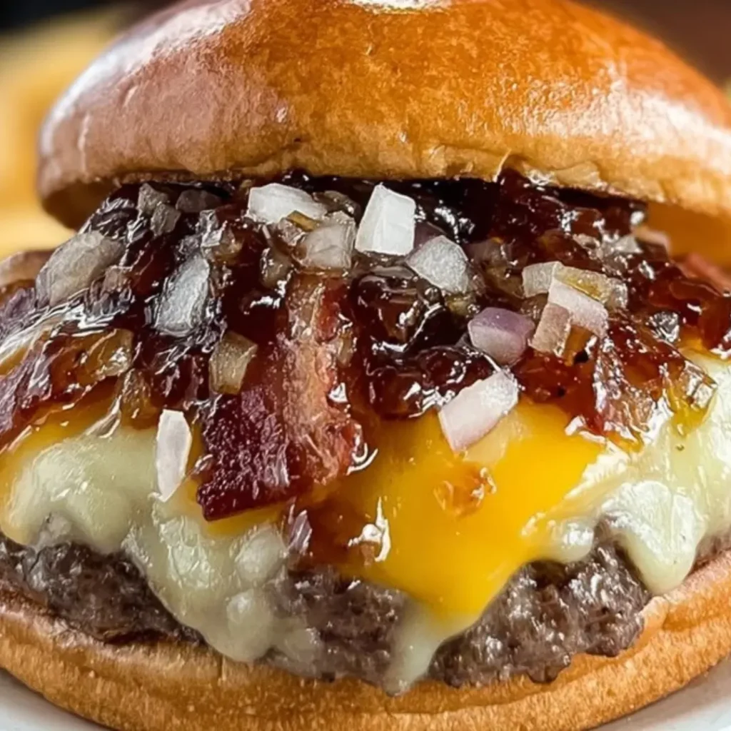 Close-up of a juicy Maple Glazed Beef Bacon Cheeseburger on a brioche bun, featuring melted cheddar cheese and a sweet, savory bacon and onion jam topping.