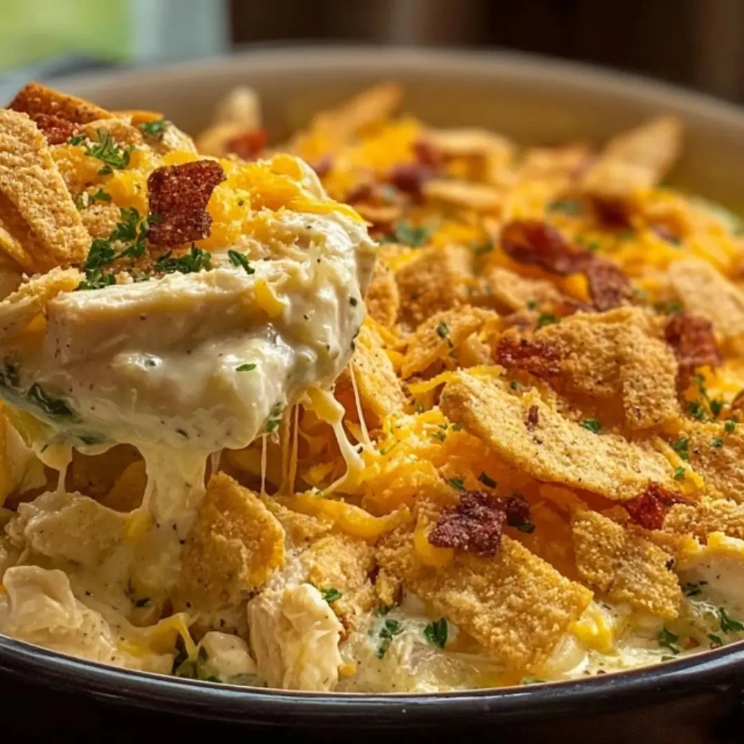 A spoonful of Million Dollar Chicken Casserole being lifted from a baking dish, showing creamy chicken, melted cheese, and a crispy Ritz cracker crust.