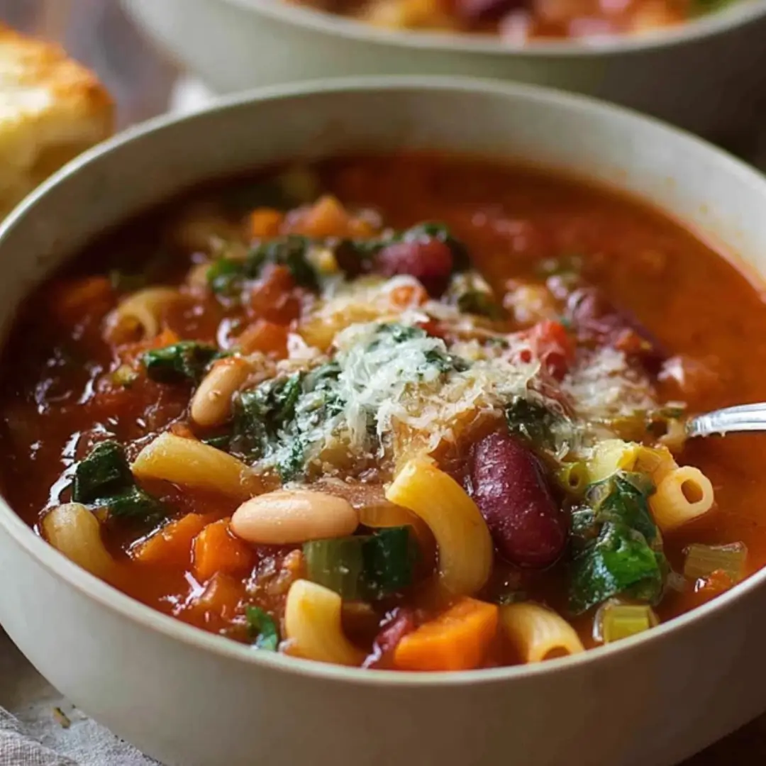 Bowl of homemade minestrone soup with pasta, beans, and greens, topped with Parmesan cheese.